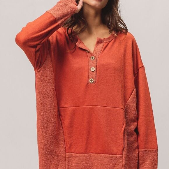 BiBi French Terry Knit Cozy Henley Long Sleeve Thumbhole Top Sz Small - Picture 10 of 11